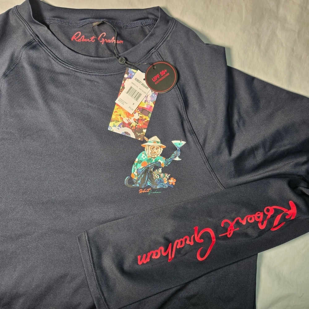 Robert Graham Mens S Navy Monkey Martini UPF 50+ Long Sleeve‎ Shirt SMRG114 NEW
